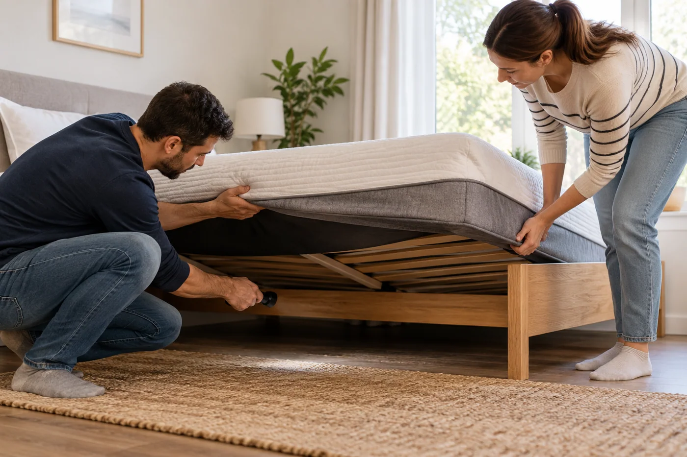 Два человека осматривают матрас снизу
