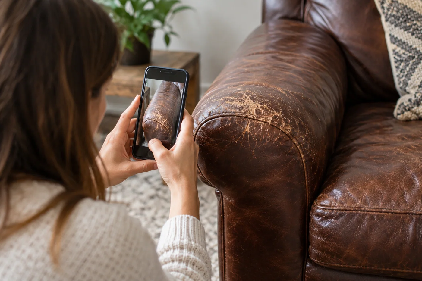 Женщина фотографирует потёртость подлокотника смартфоном