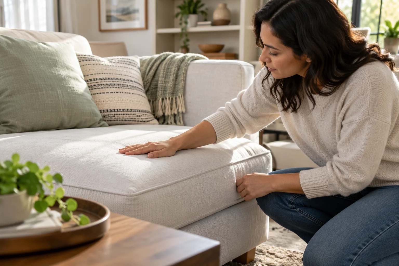 Проверка обивки после высыхания Человек проверяет сиденье дивана рукой